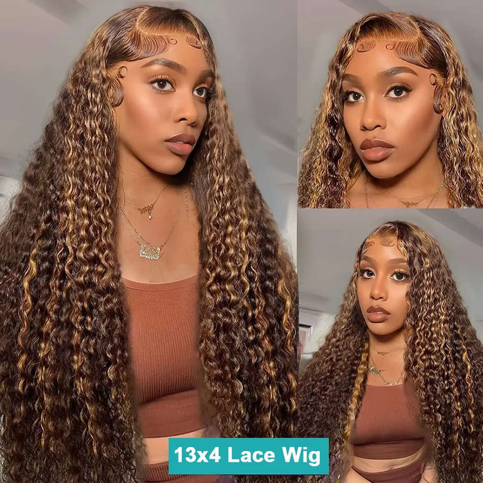 200 Density 40 Inch Highlight Honey Brown Curly HD Lace Front Human Hair 13x4 13x6 Ombre Color Deep Water Wave Frontal Wigs