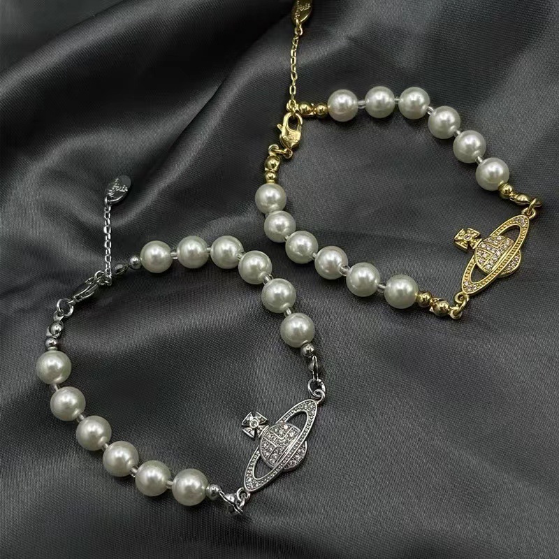 Designer Vivienme Westwood Western Empress Dowager Pearl Bracelet Planet Zircon Light Luxury Minority Design Spring and Summer New Nana Same Saturn Bracelet