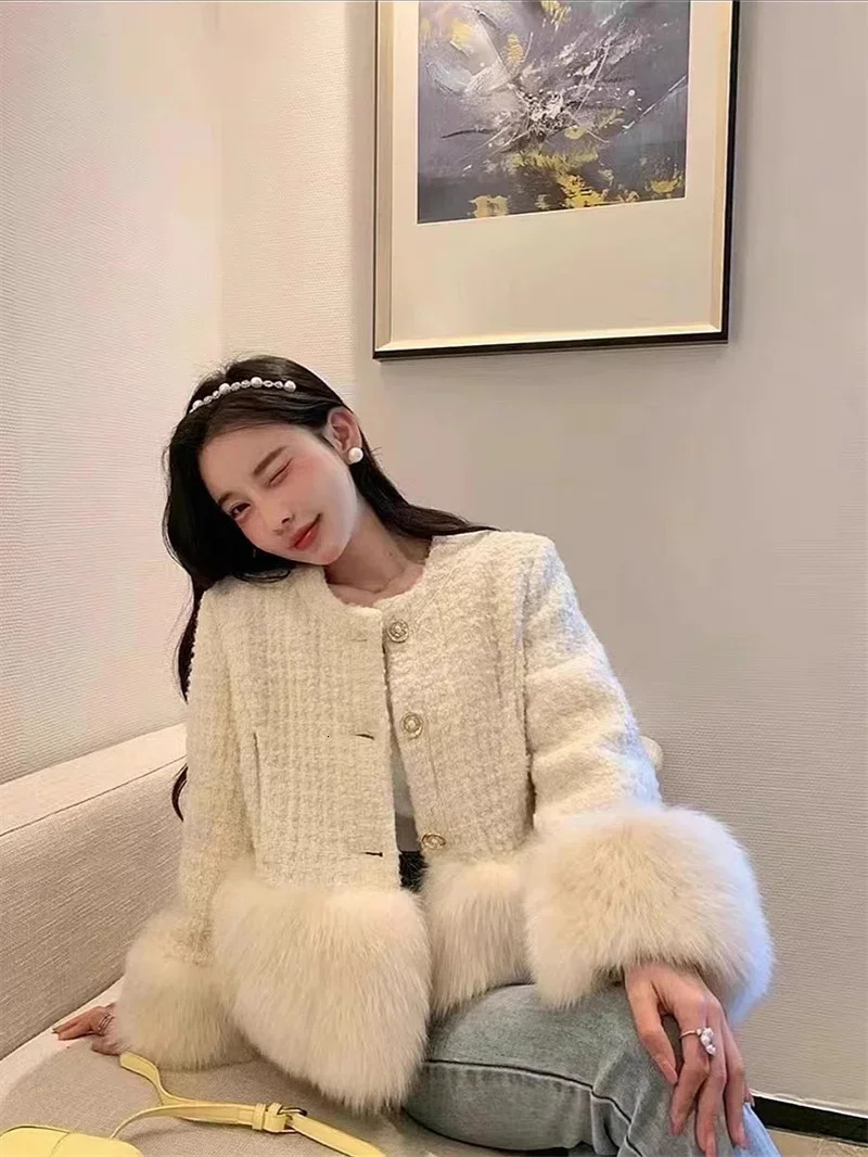 Arrival y Fashion Fall Winter Womens Full Sleeve Cashmere Braid Tweed Fur Pearls Button Casual Thick Warm Jackets 241019