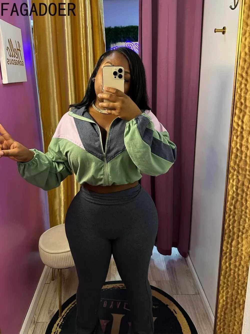 Women's Two Piece Pants FAGADOER Color Block Strt 2 Piece Set Outfit Casual Zip Drawstring Crop Top + High Waist Flare Pants Suit Autumn New Acti