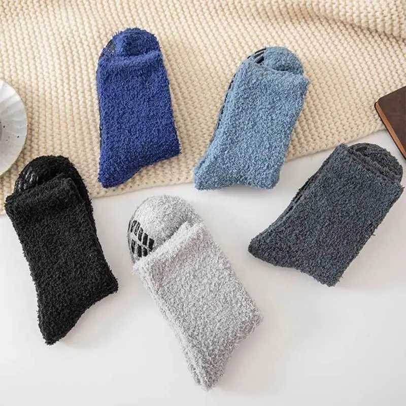 Men Winter Cozy Fuzzy Slipper Socks Simple Solid Color Non Slip Grip Warm Fluffy Plush Hospital Lounge Floor Sleeping HosieryXJ241019
