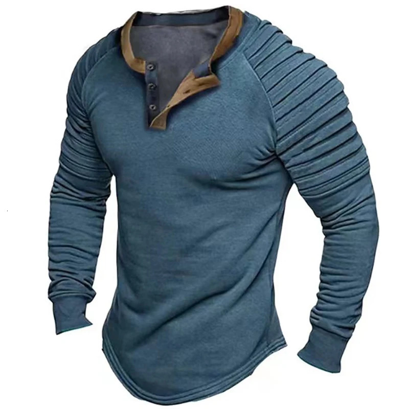 Spring and Autumn Retro Henry Necklace Mens T-shirt Casual Button Fold Long Sleeve T-shirt Mens Casual Solid Loose Floral Top 241018