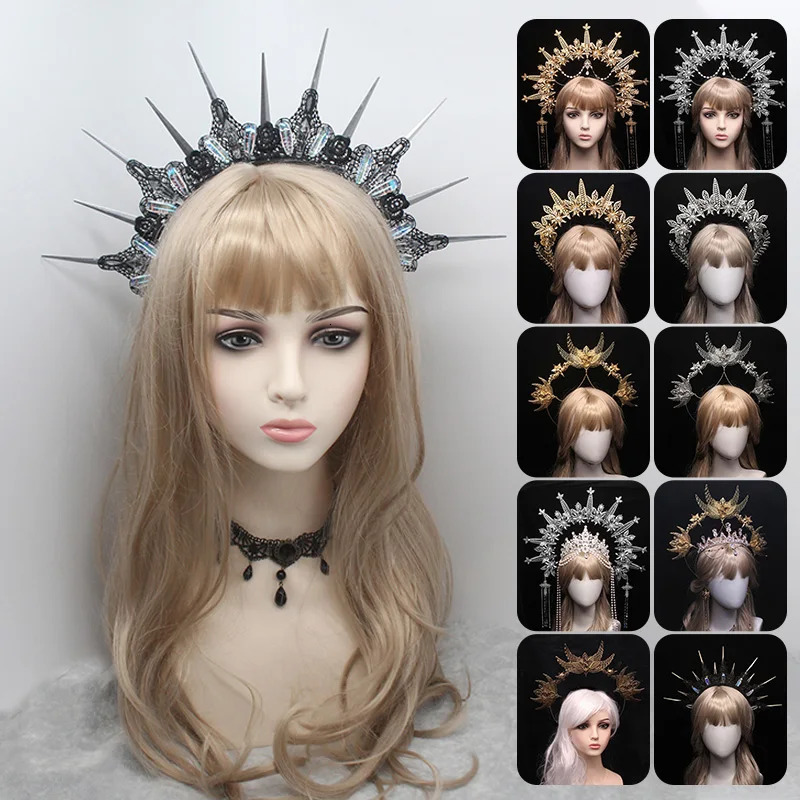 Gothic Headband Lolita Crown Tiaras Headband Virgin Mary Headpiece Unfinished Baroque Crown Fairy Goddess Hair Accessories 241018