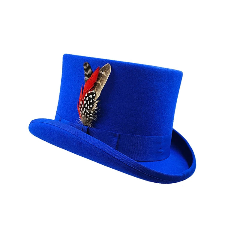 Blue mens and womens hats 100% wool magic hats top-level display mens bowling hats black and red magic hats presidential hats feather accessories 2410