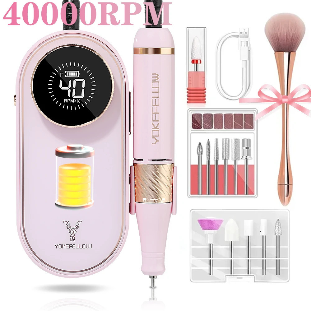 YOKEFELLOW portable 40000 RPM nail drill rechargeable electric nail drill with 12 acrylic gel nail drills 241007