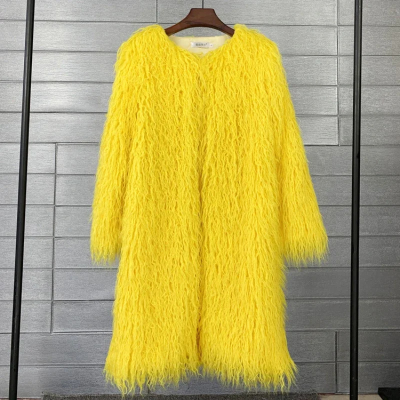 Winter Womens Fur Coat O-neck Long Coat Mongolian Woolen Leather Green Artificial Fur Fashion Winter Clothing Womens Unprinted Good Product 241018