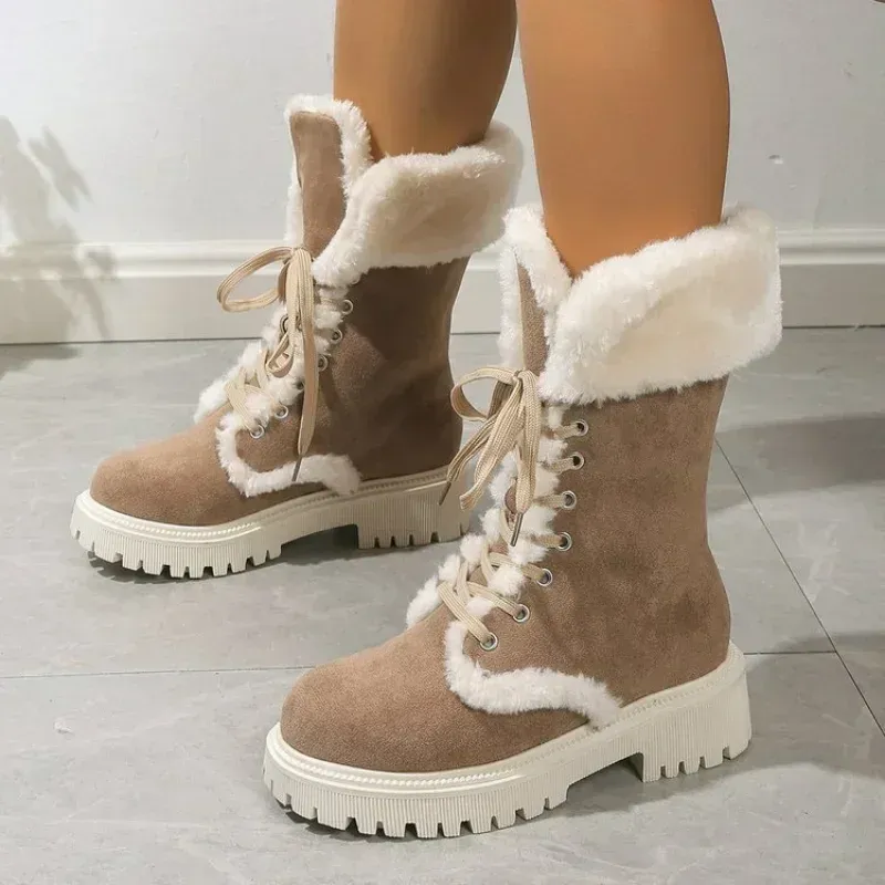Thicken Plush Snow For Women Winter Faux Fur Platform Ankle Boots Woman Mid-Calf Lace-Up Womens Boots Thickened Cotton Shoes
