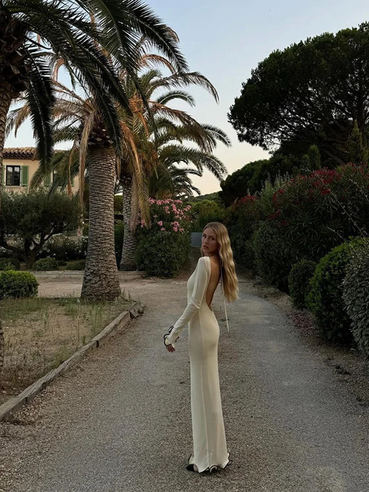 Women Chic Skinny Backless Lace Up Ruffle Hem Maxi Dress Elegant Boat Neck Long Sleeves Vestidos 2024 Autumn Female Fashion Robe 241010
