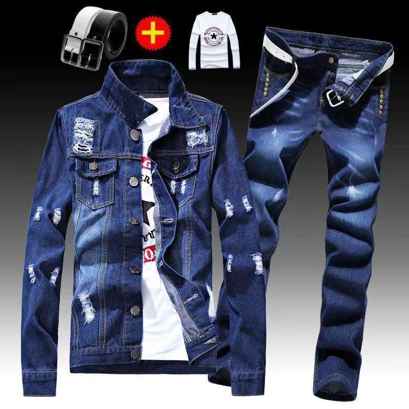 Spring Autumn Mens Denim Jacket + Jeans Pants Set Fashion Letters Printed Coat Trousers Two Piece Denim suit