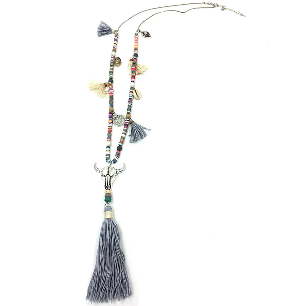 Bohemia chic necklace Xizang buffalo head cow head pendant necklace pink cotton tassel pendant polymer clay chain necklace 241018