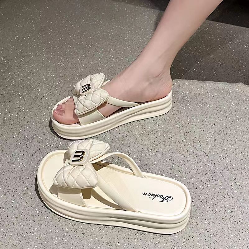 Women's summer new designer open toe thick bottom outdoor flip butterfly bow beach white casual slippers