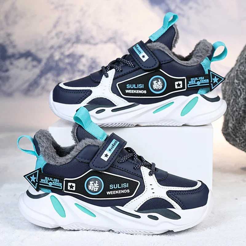 Athletic Outdoor Winter Boy Sports Shoes Leather Plush Children Sneaker Cotton Kids Snow Shoes Luxury Outdoor Running Tennis Sneaker for Boy H241019