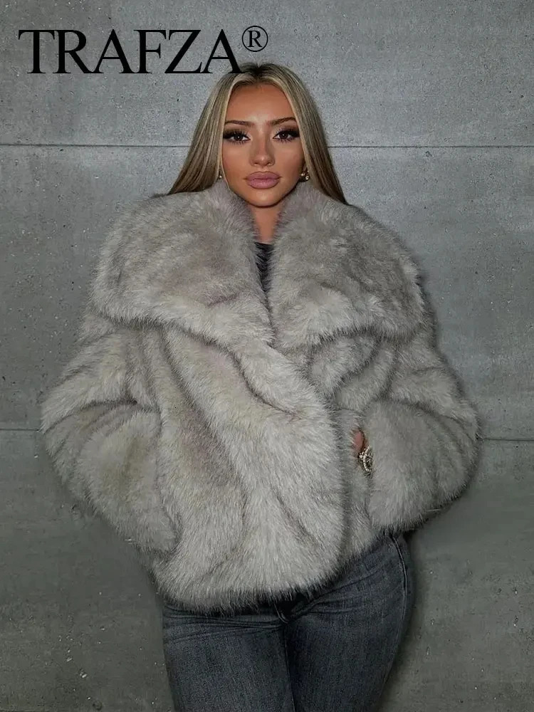TRAFZA Womens Fashion Artificial Fur Leather Jacket Retro Collar Long Sleeve Coat Autumn Winter Womens Elegant Street Clothing 241018