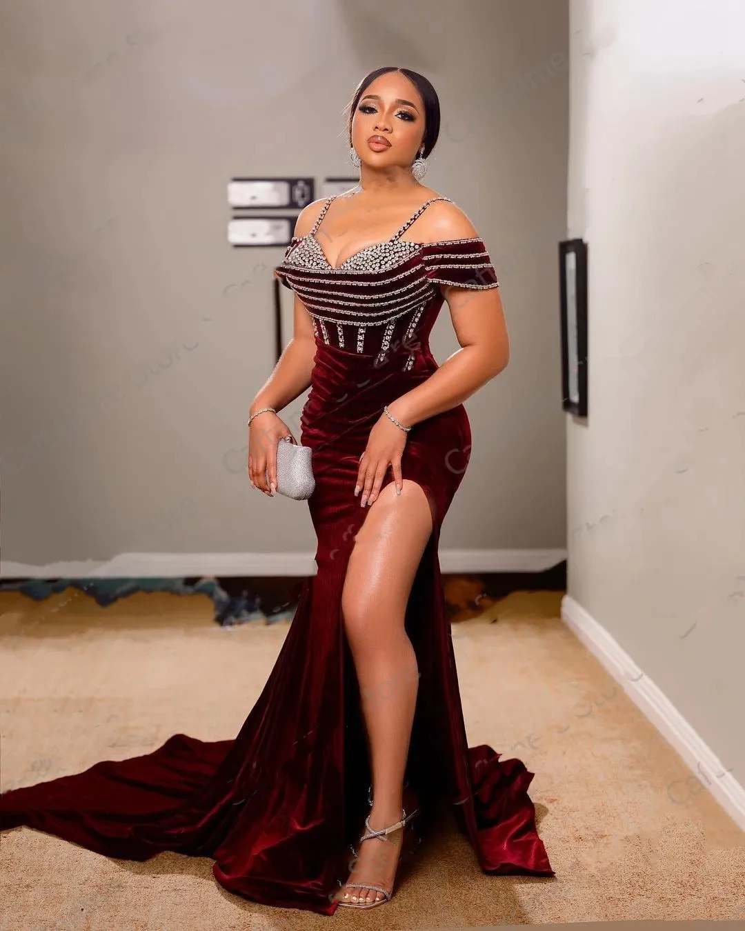 Aso Ebi African Evening Dresses Mermaid Burgundy Pearls Long Ghana Nigeria Black Girls High Slit Prom Dresses Evening Gown