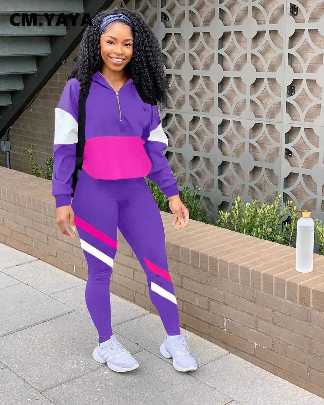 Women's Two Piece Pants CM.YAYA casual splicing womens two-piece set hooded sweatshirt and leg pants set 2023 fashionable active track suit Y2410