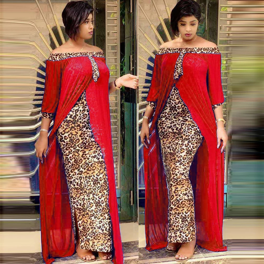 Autumn Sexy Leopard Printed Dashiki African Dresses for Women Party Half Sleeve Slanted Neck Womens Robe 241017