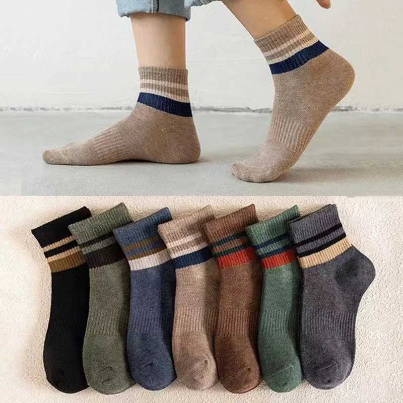 5 Pairs High Quality Men Autumn Winter Thermal Socks Cotton Fashion Thickened Casual Sweat Absorption Stripe Pure Color SocksXJ241019