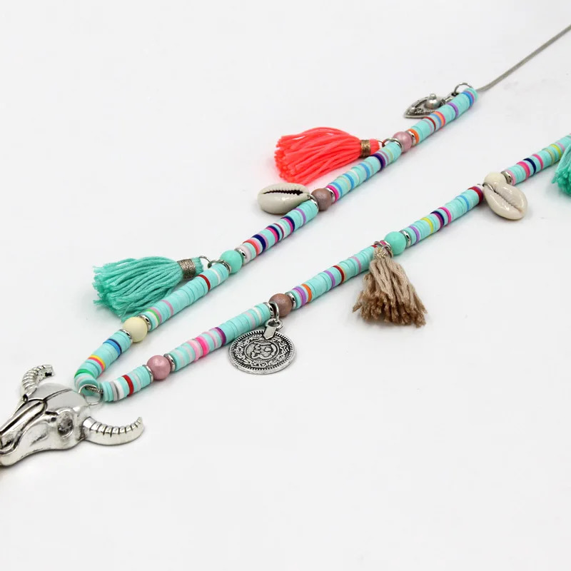 Womens statement necklace polymer clay chain alloy cow head tassel pendant necklace Bohemian jewelry womens sweater chain 241018