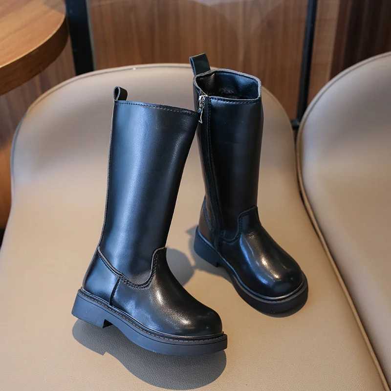Winter Sexy Black Catwalk Casual Round Toe Fashion Childrens Square Heel Kids Comfortable Increased ZIP Warm Ins Long BootsXJ241206