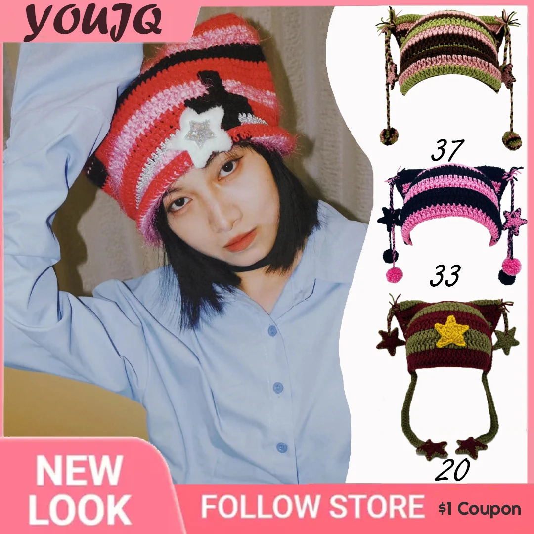 Y2K Crochet Stripe Pattern Handmade Cat Ear Hat Soft Winter Warmer Knitted Hat Cold Winter Presents for Students Teenagers Gorra 241007