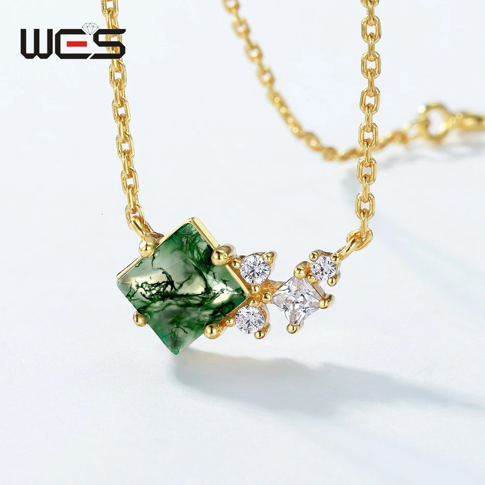 WES 925 sterling silver animal necklace womens natural Mos agate 6 * 6mm fish shaped DIY jewelry party gift engagement 241018