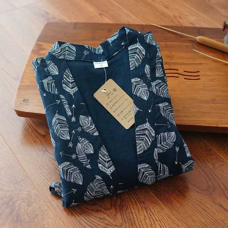 Summer New Male Japanese Style bathrobe pajamas Men 100% cotton Sleepwear Loose Long Robe with Belt Sleeprobe home Leisure wearXJ241018