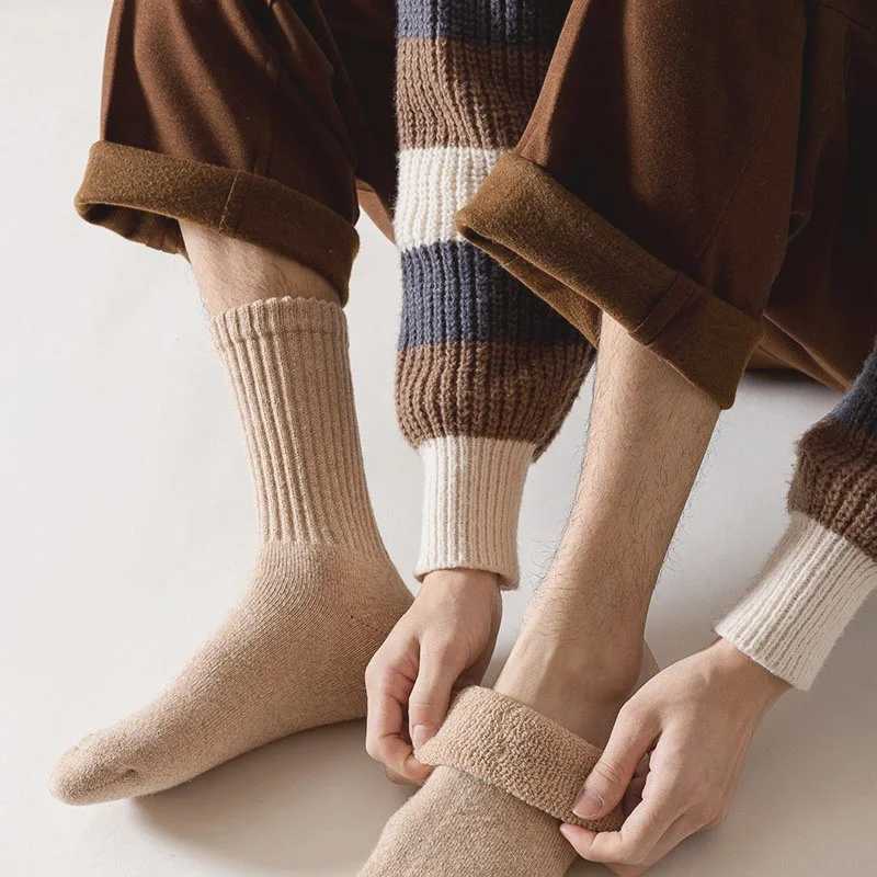 1Pair Mens Winter Wool Socks Warm Thickened Merino Wool Socks Cotton Solid Color Cold-proof Snow High Quality Cashmere SockXJ241019