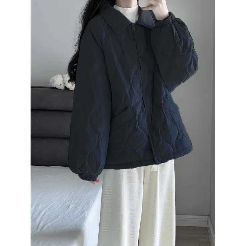 Women Autumn Winter Korean Loose Solid Color Thin Down Jackets Ladies Casual Turn-down Collar Long Sleeve All-match Trend CoatX241019