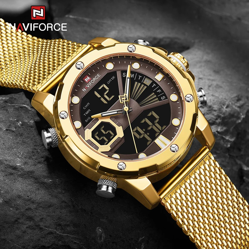 NAVIFORCE mens original watch y quartz dual display military sports mesh steel strap waterproof 241009