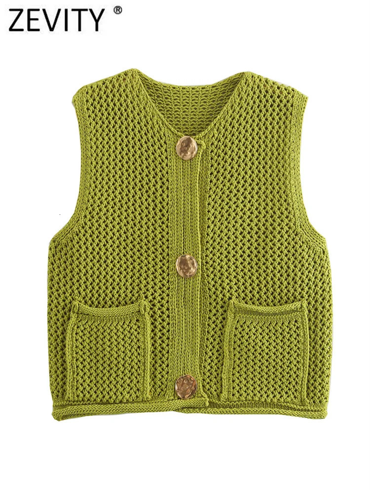 Zevity Womens Fashion Sleeveless Jacket Knitted Tank Top Womens Sweater Fashion Large Pocket Patch Button Open Top SW6265 241018