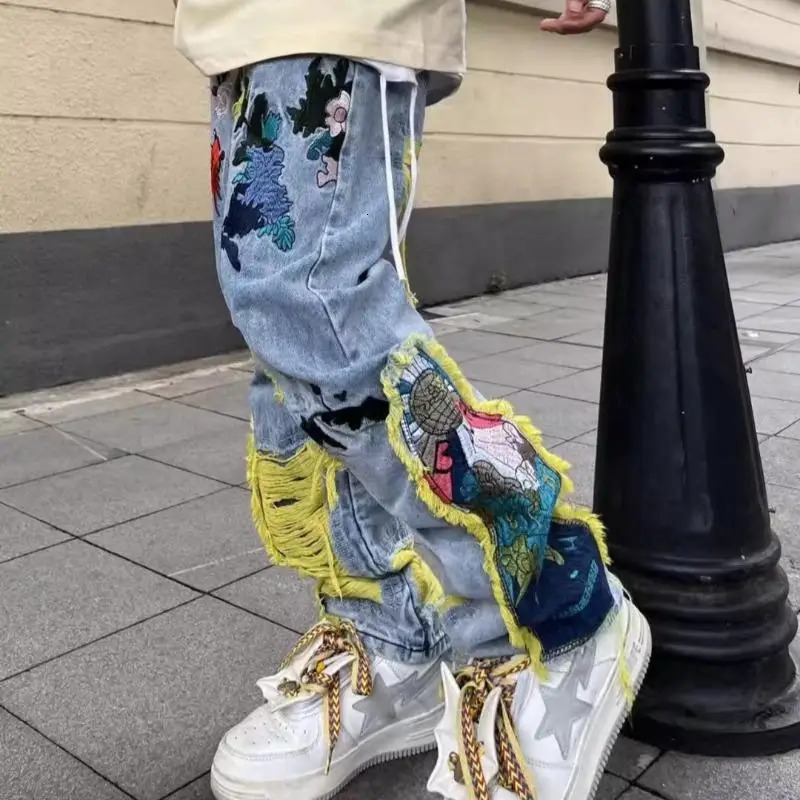 OIMG Y2K Street Clothing Bag Stacked Tear off Jeans Mens Clothing Graphic Embroidery Hip Hop Cowboy Trouser Pantalon 241019
