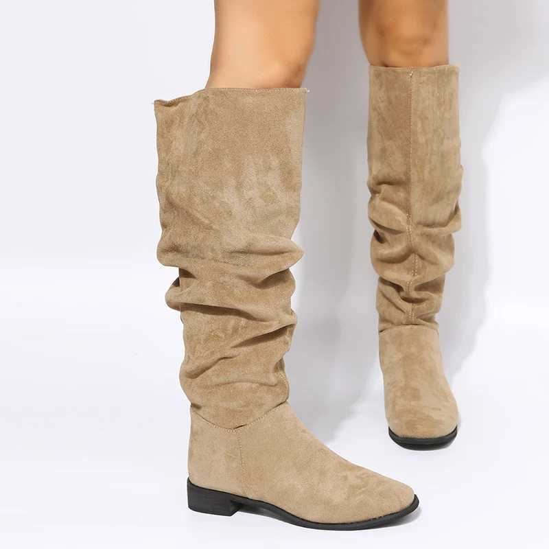 Womens pleated knee high boots autumn new item plus size thick high heels womens outdoor casual womens shoes Y241019