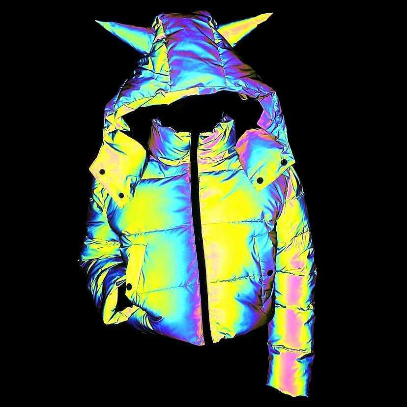 Women's Down Parkas Winter womens rainbow reflective horn cover park down bubble jacket inflatable jacket shiny and cute hooded down jacket Y2410