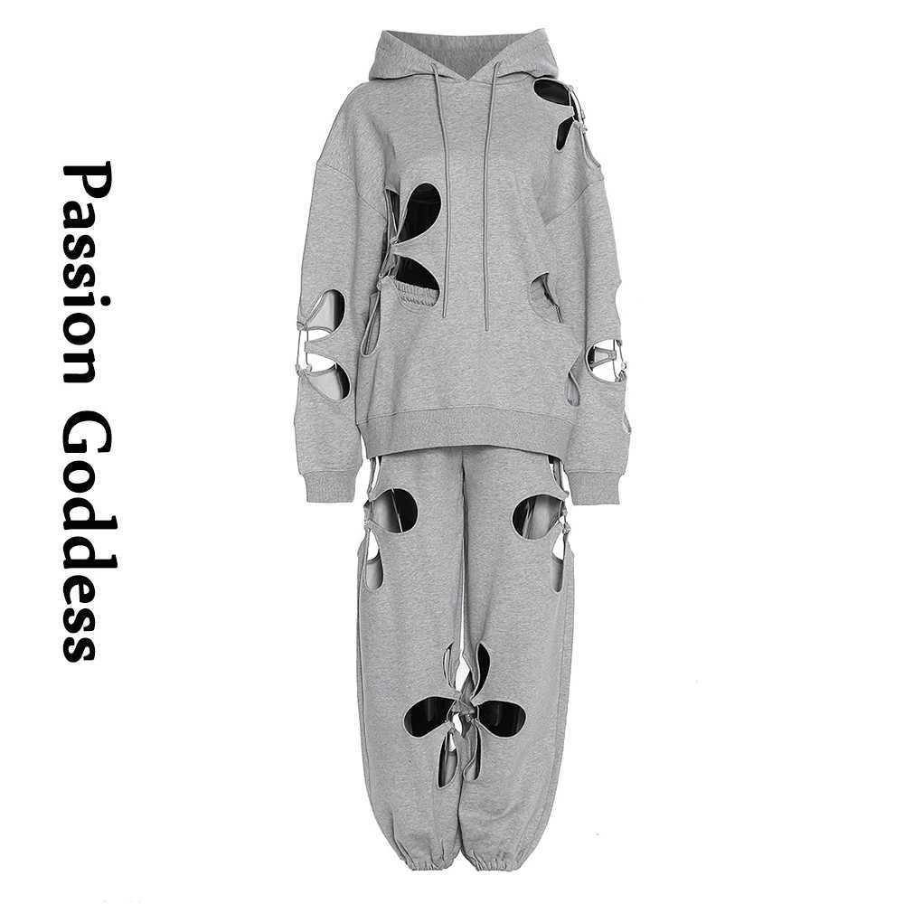 Women's Two Piece Pants Women 2 Piece Tracksuits Petal Cutout Sweatsets Hoodies Sweatshirts Drawstring Sweatpants Flower Hollow Out Two Piece Out