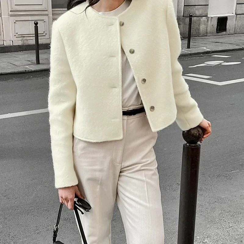 Elegant Tweed Jacket Women Coats Vintage Woolen Singlebreasted Oneck Long Sleeve Short Streetwear Casual Lady Outwears 241019