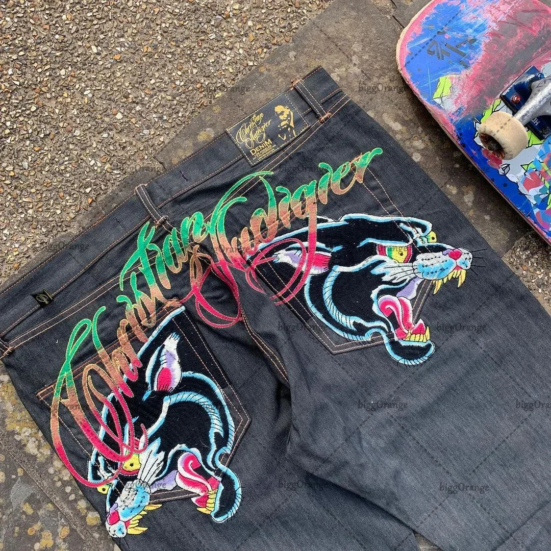 American Y2K printed street jeans Harajuku hiphop mens and womens high waisted straight retro loose leg denim shorts 241010