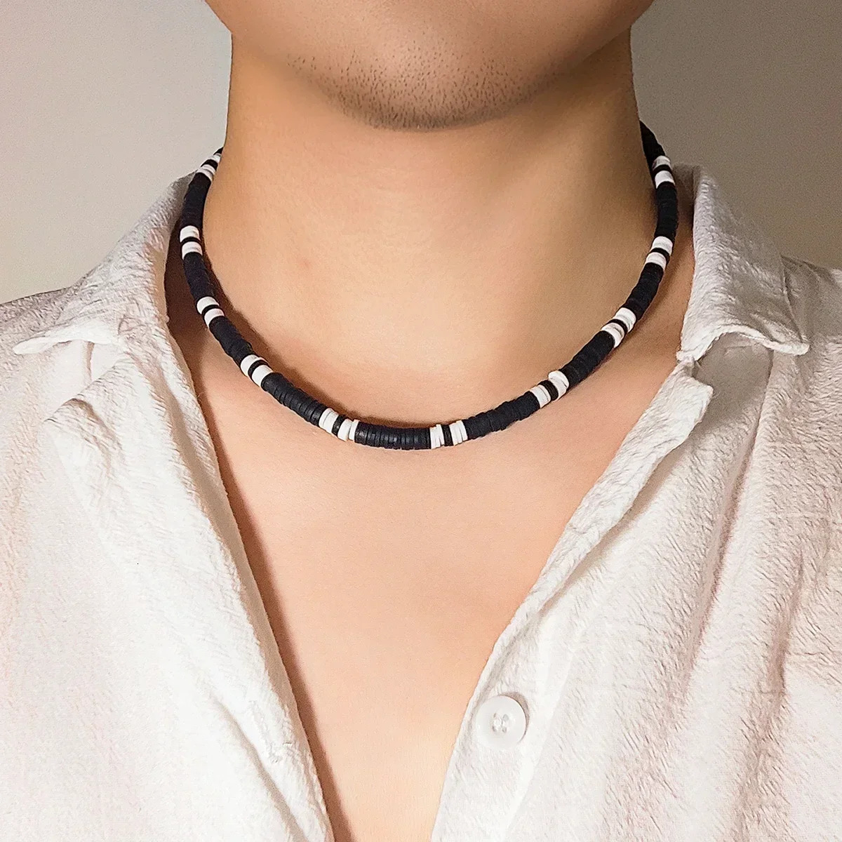 Hip hop black and white polymer clay bead mens necklace handmade necklace simple jewelry necklace boy party 241018 ww