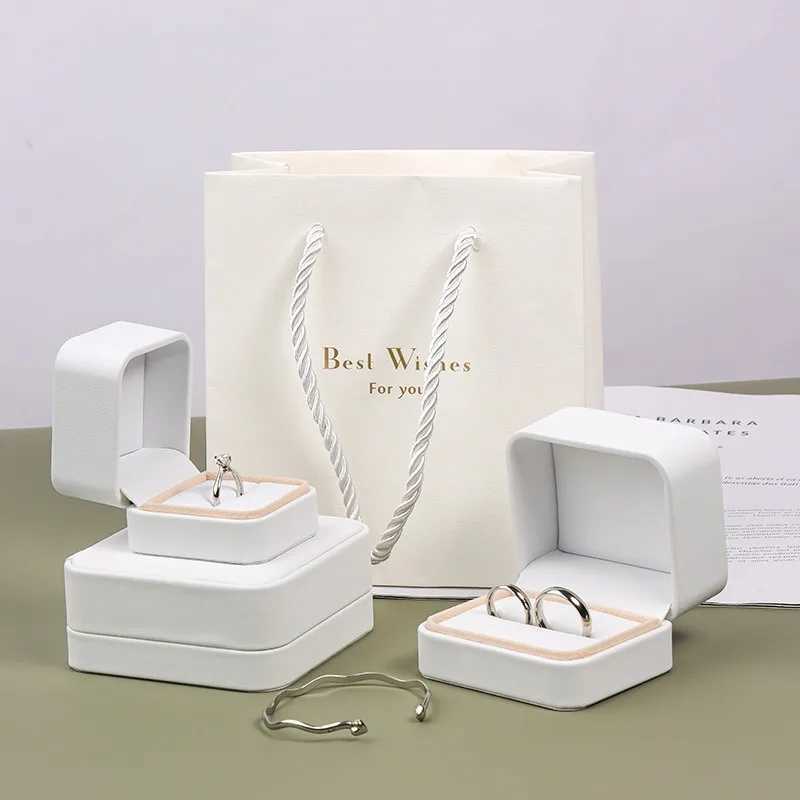 Simple solid color ring box white PU leather recommended engagement ring box holiday gift packaging earring storage box W241019