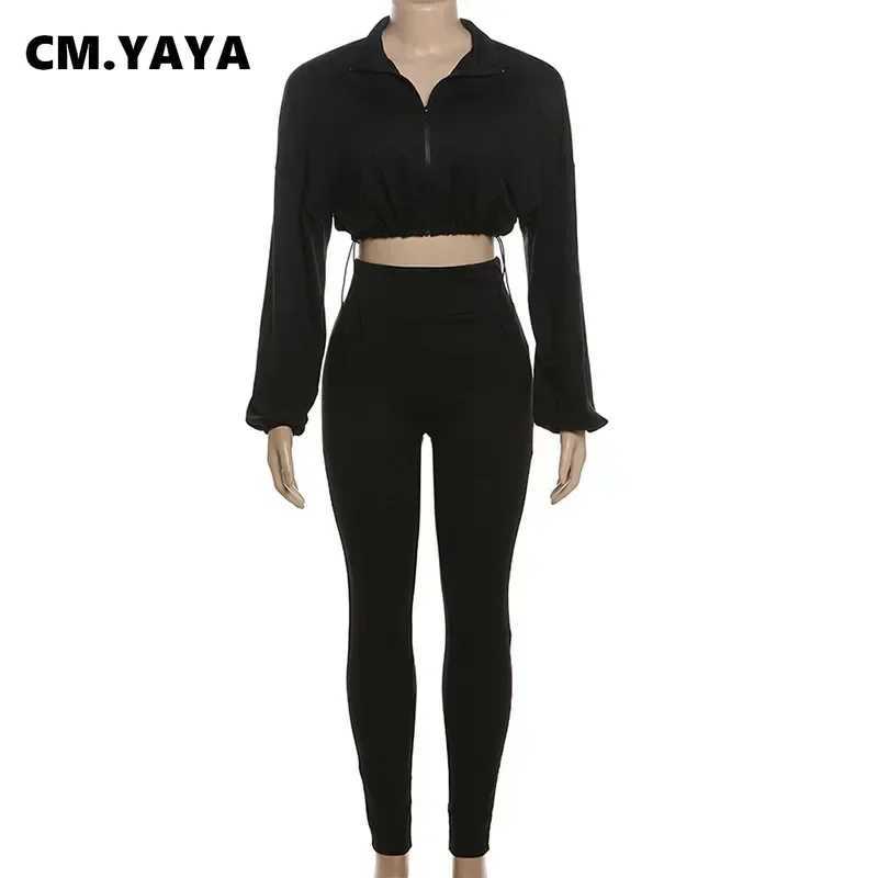 Women's Two Piece Pants CM.YAYA Womens Set Active Full Set Sleve Top+Pencil Pants Set Strt Sports Shirt Two Piece Set Track and Field Wear 2024 A