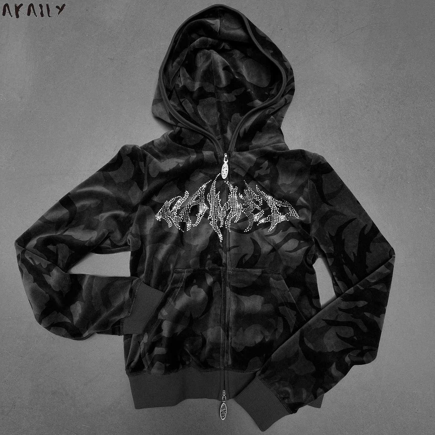 Women's Two Piece Pants Akaily Autumn rhinestone casual 2-piece womens track suit T-shirt 2024 Y2K hooded zipper top and sweatpants Y241019YQKN