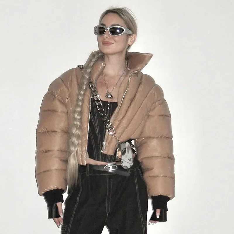 Women's Down Parkas 2024 Winter Cropped Puffer Jacket Womens Parka Patch Work Long Sleve Zipper Warm Short Coat Womens Bubble Quilted Coat Y24101