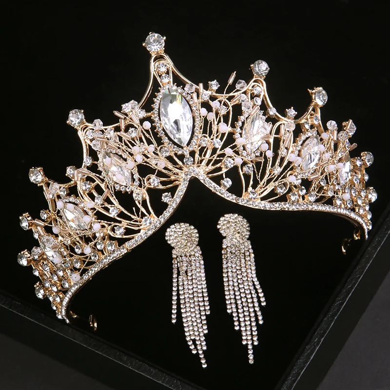 Baroque Luxury Silver Color Crystal Bridal Tiaras Crown With Earrings Rhinestone Pageant Diadem Wedding Hair Accessories Bijoux 241018