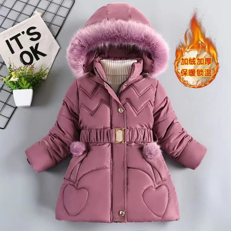 4 5 6 8 10 Years Winter Girls Coat Keep Warm Thicken Kids Jacket Hooded Zipper Fur Collar Princess Outerwear Childrens Clothing 241018