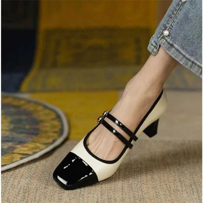 Womens mixed color pump double button Mary Janes shoes black toe high-heeled dress shoes patch work zapatillas mujer tacon Y241019