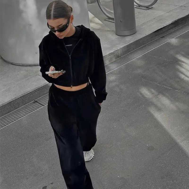 Women's Two Piece Pants Womens casual set Strt Style long Slve hooded sweatshirt cardigan elastic waist pants fashionable two-piece set Y2410197X