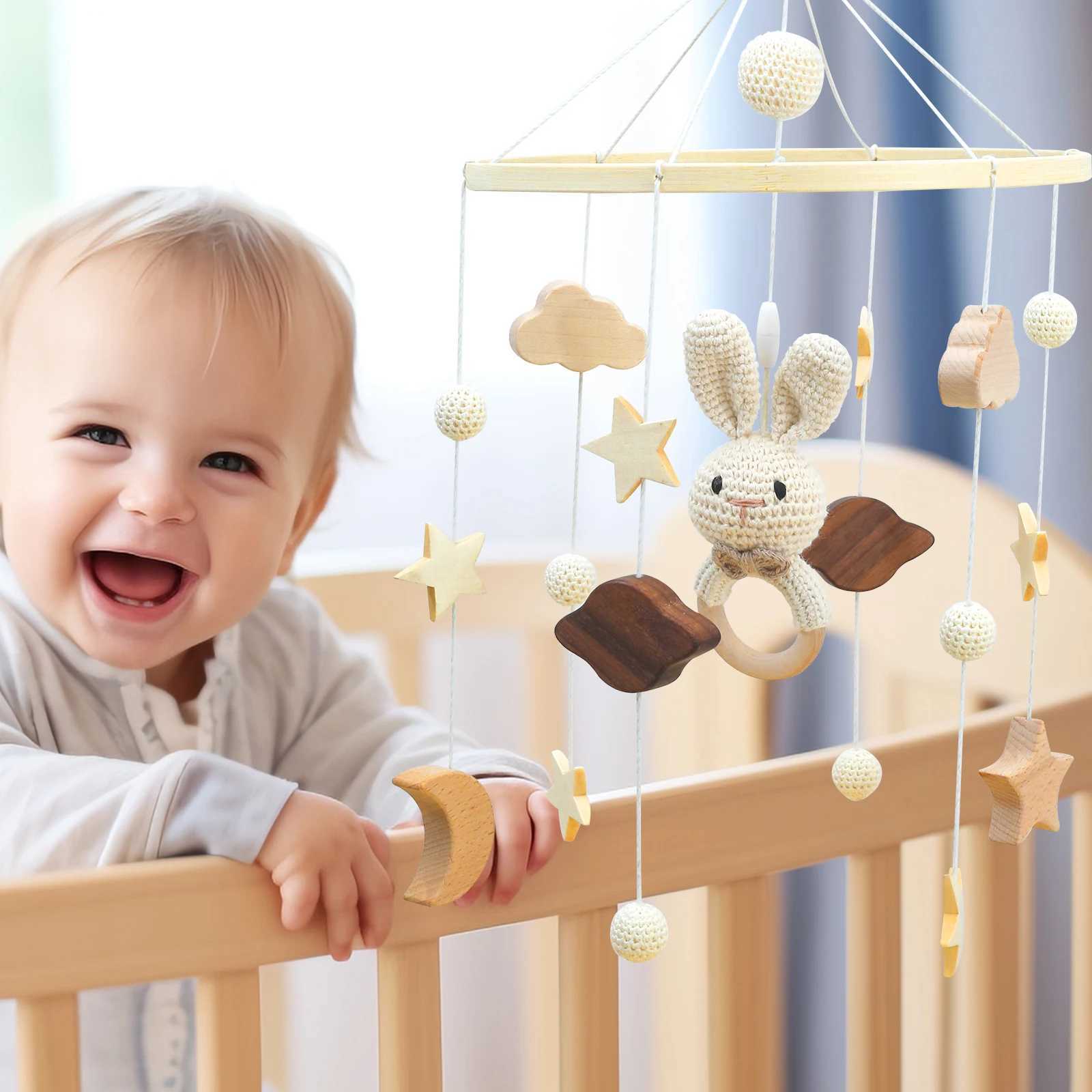 New baby crib baby crib hanging wooden baby crib bell cute rabbit animal wooden crochet mobile baby toy bed pendant W240815