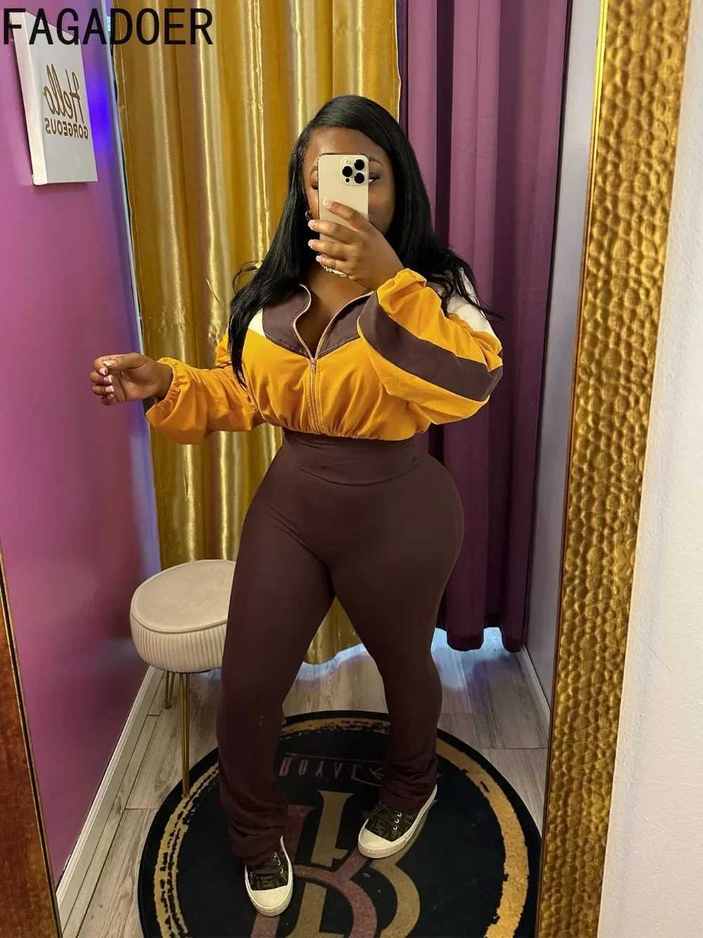 Women's Two Piece Pants FAGADOER Color Block Strt 2 Piece Set Outfit Casual Zip Drawstring Crop Top + High Waist Flare Pants Suit Autumn New Acti