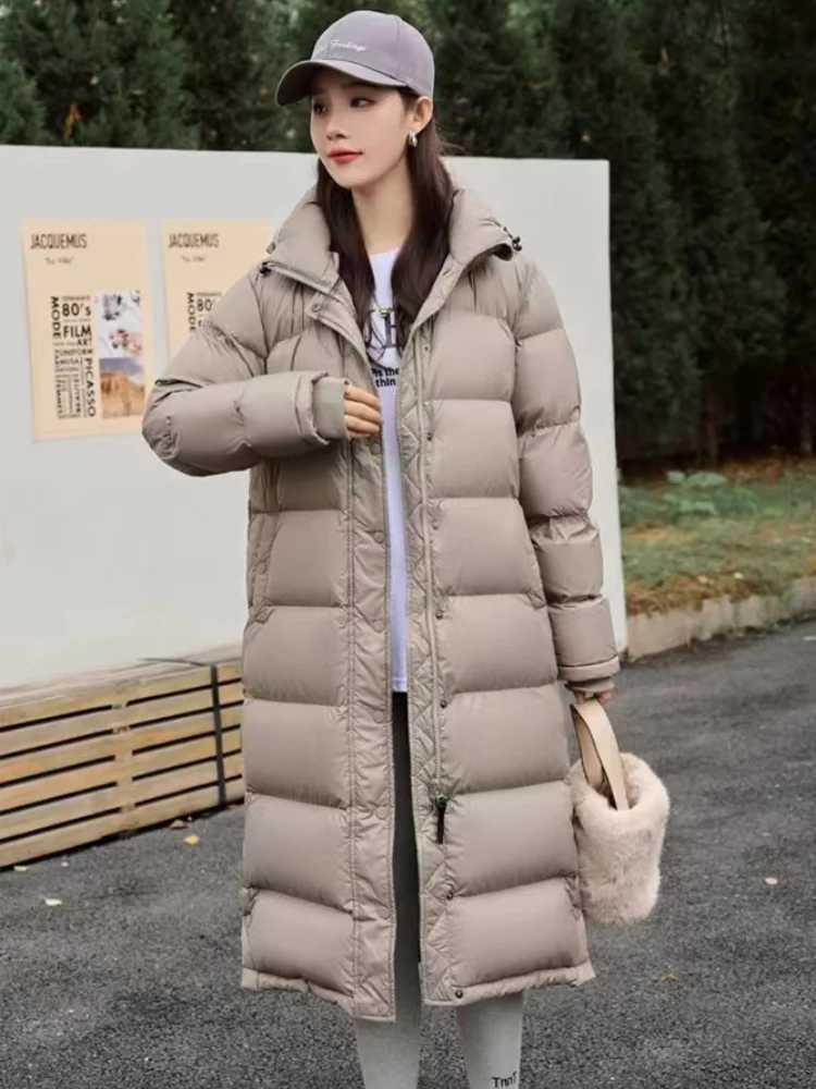 Winter Warm Coat Light Luxury 90 White Goose Down Jacket Hooded Long Section Parka Elegant Leisure Slim Fluffy Womens CoatX241019