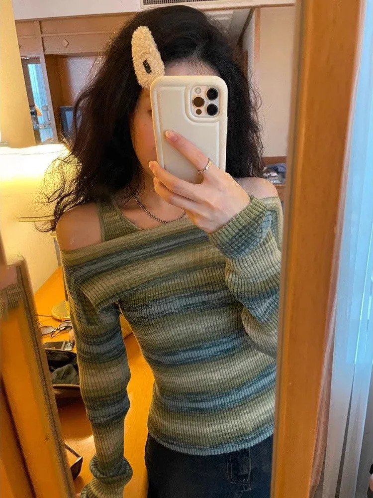 Deeptown Harajuku Off Shoulder Knitted Sweater Women Vintage Green Striped Jumper Fairycore Slim Two Piece Sets Y2K Tops 241010