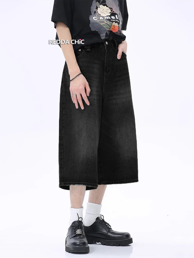 ReddaChic Acubi Fashion Brushed Baggy Jorts Men Vintage Black Raw Edge Loose Casual Denim Shorts Y2k Hiphop Wide Leg Short Pants 241008
